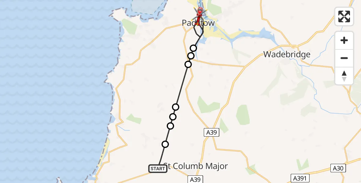 Flight path map showing Air Ambulance Helicopter route from Cornwall Airport Newquay to Padstow
