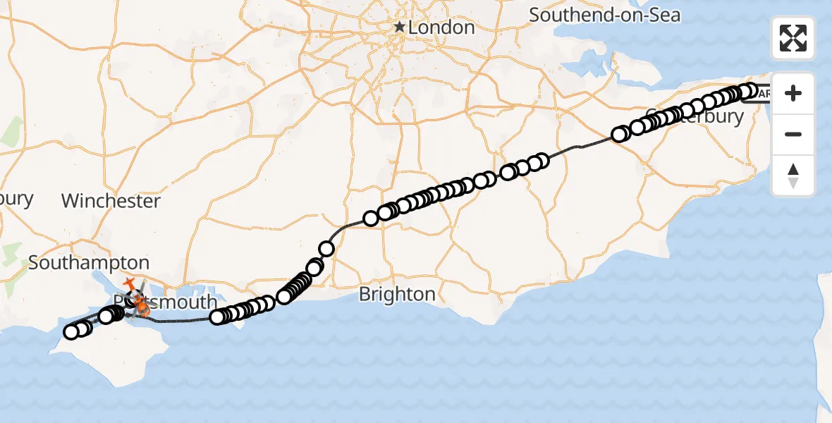 Flight path map showing Coastguard Helicopter route from Manston Airport to Solent Airport