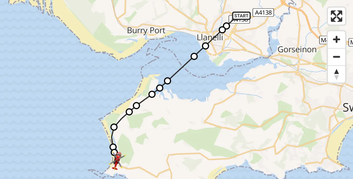 Flight path map showing Air Ambulance Helicopter route from Dafen to Rhossili