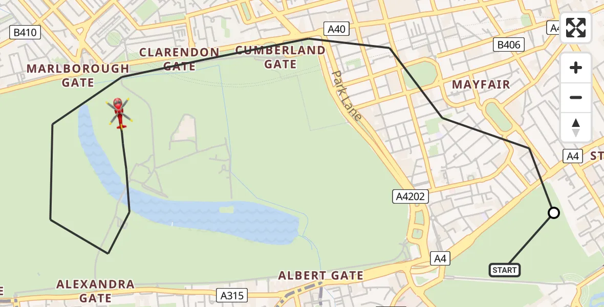Flight path map showing Air Ambulance Helicopter route from City of Westminster to City of Westminster