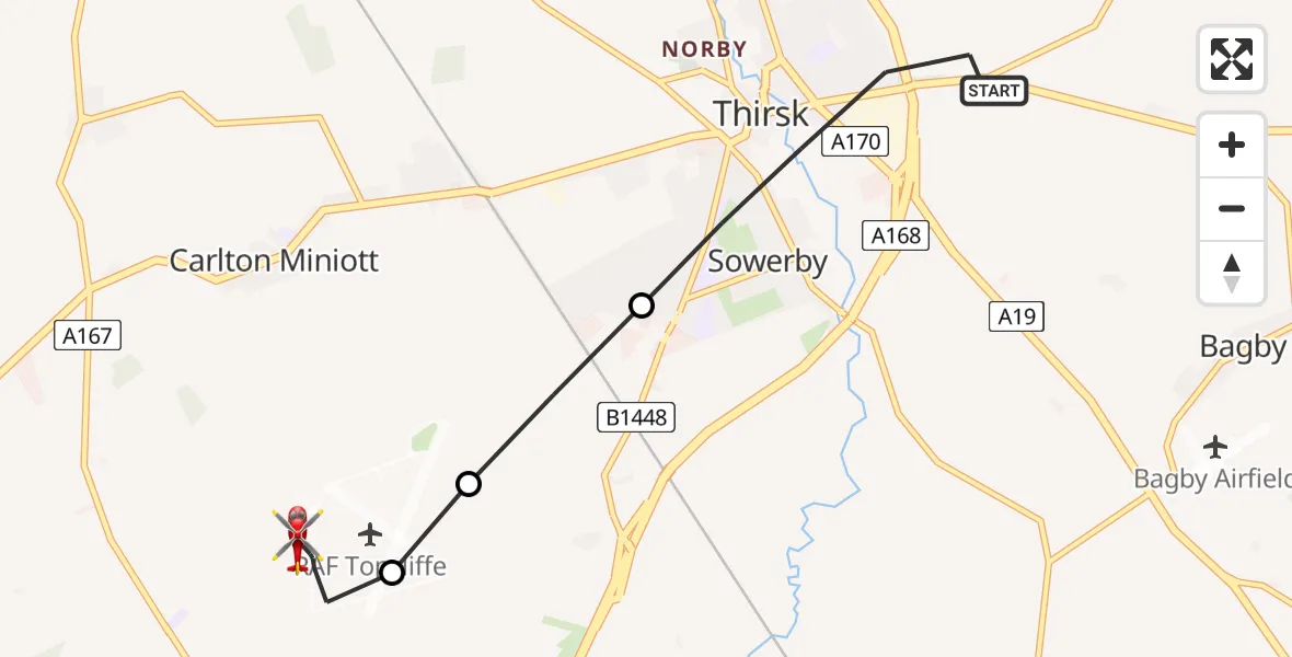 Flight path map showing Air Ambulance Helicopter route from Thirsk to RAF Topcliffe