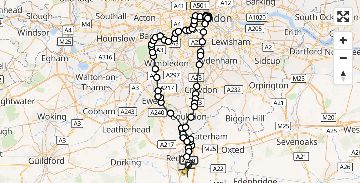 Flight path map showing Police Helicopter route from Nutfield to South Nutfield