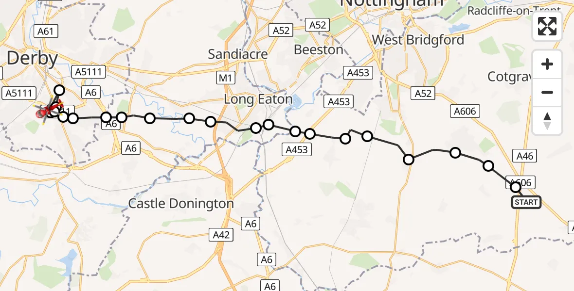 Flight path map showing Air Ambulance Helicopter route from Nottingham Heliport to Osmaston
