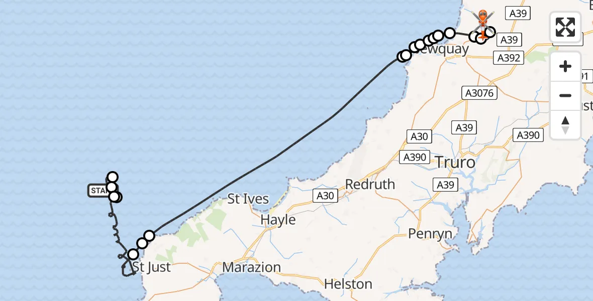 Flight path map showing Coastguard Helicopter route from North Atlantic Ocean to Cornwall Airport Newquay