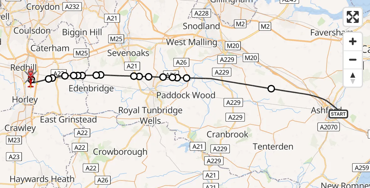 Flight path map showing Air Ambulance Helicopter route from Ashford to Redhill Aerodrome