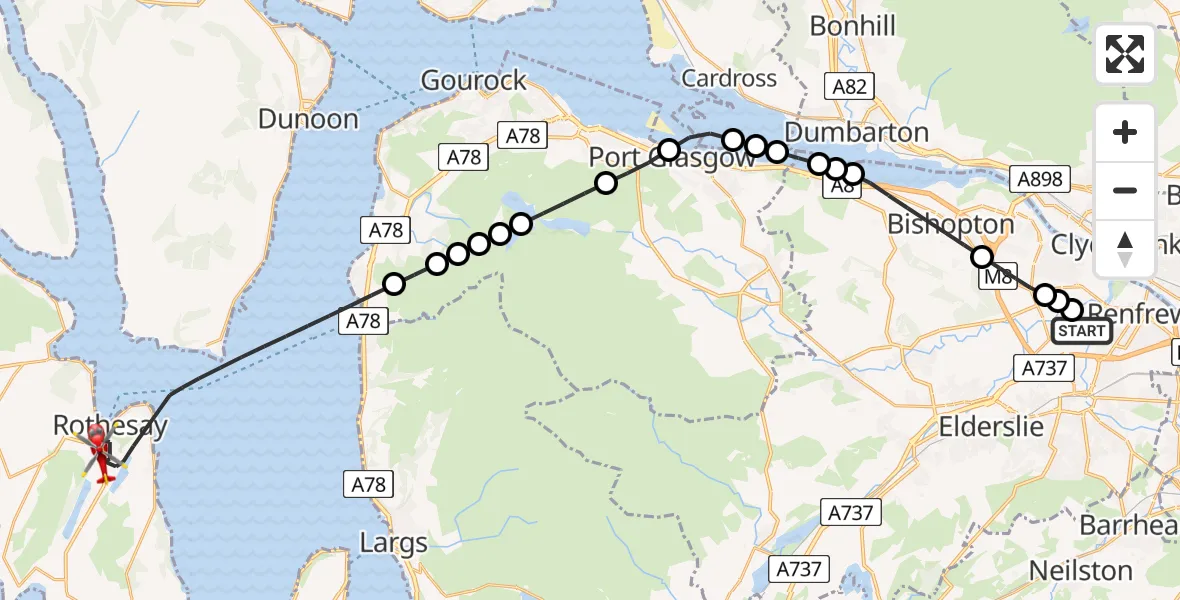 Flight path map showing Air Ambulance Helicopter route from Glasgow Airport to Inner Seas