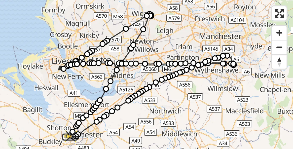 Flight path map showing Police Helicopter route from Hawarden Airport to Hawarden Airport