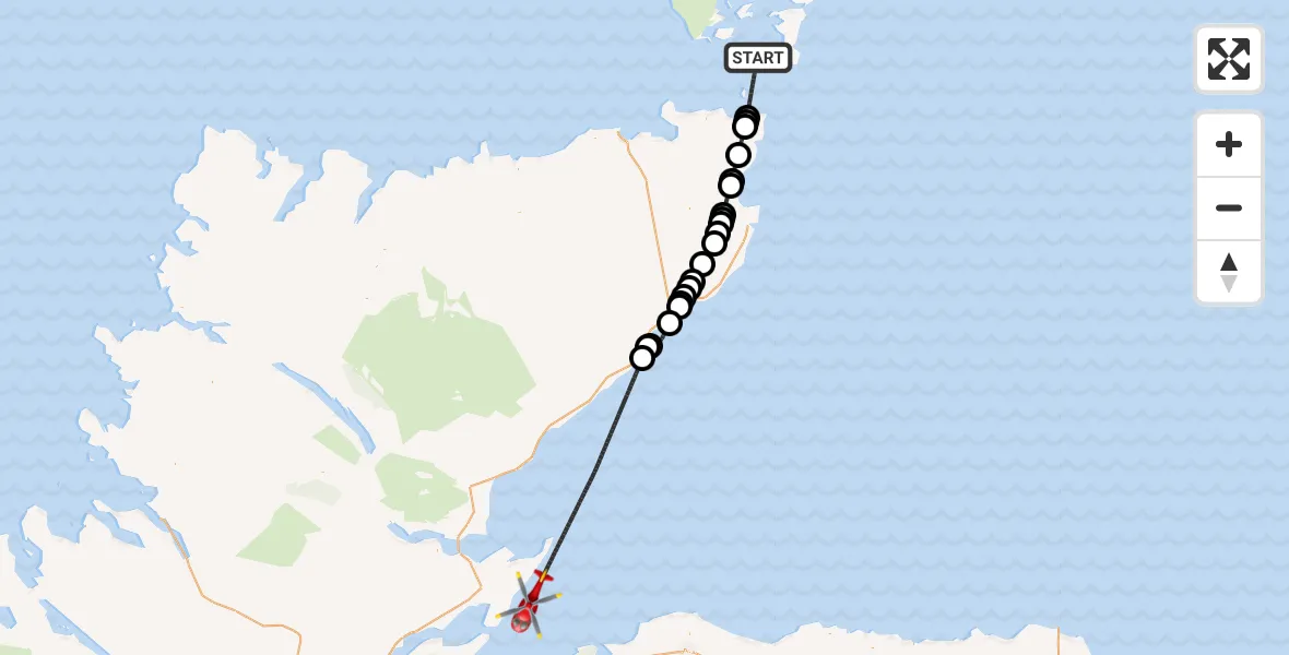 Flight path map showing Air Ambulance Helicopter route from North Atlantic Ocean to North Sea