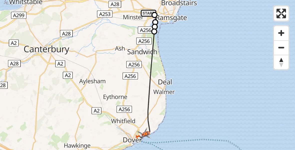 Flight path map showing Coastguard Helicopter route from Manston Airport to Langdon Battery Heliport