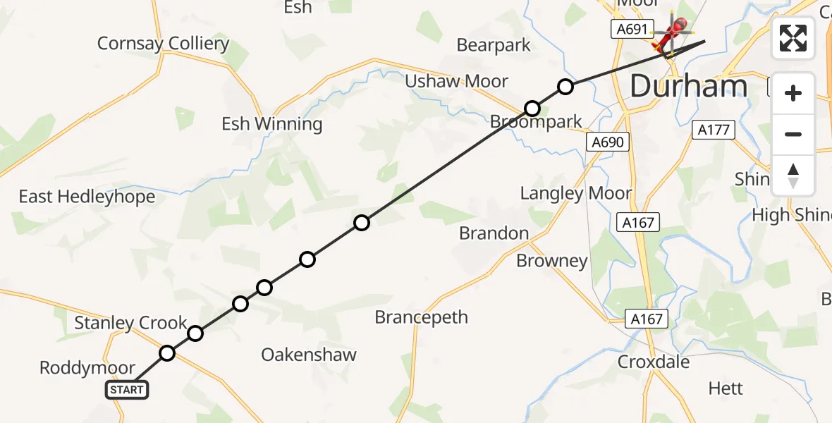 Flight path map showing Air Ambulance Helicopter route from Crook to Durham