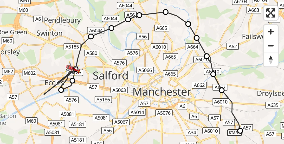 Flight path map showing Air Ambulance Helicopter route from Gorton to Eccles