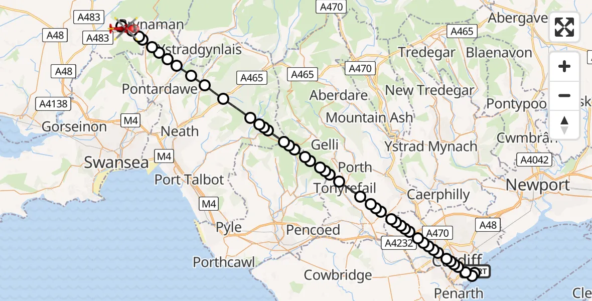 Flight path map showing Air Ambulance Helicopter route from Cardiff Heliport to Glanamman