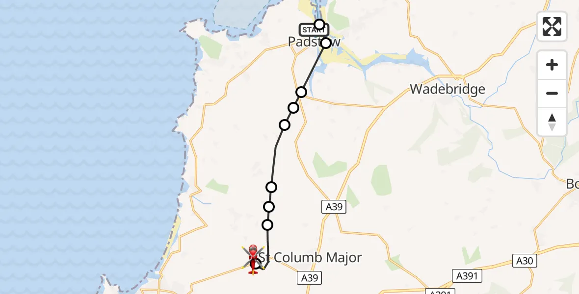 Flight path map showing Air Ambulance Helicopter route from Padstow to Cornwall Airport Newquay