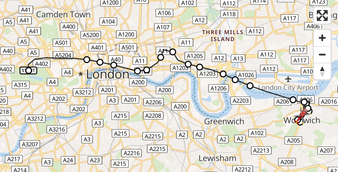 Flight path map showing Air Ambulance Helicopter route from City of Westminster to Greenwich