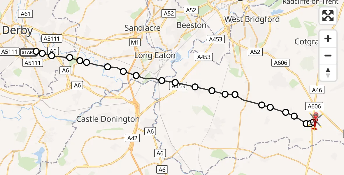 Flight path map showing Air Ambulance Helicopter route from Osmaston to Nottingham Heliport