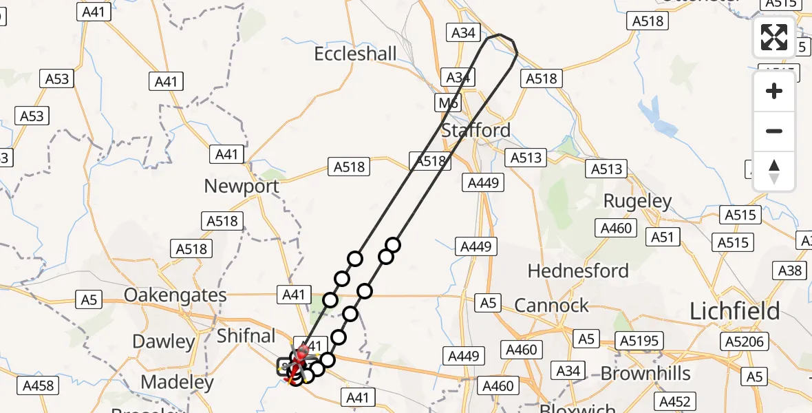 Flight path map showing Air Ambulance Helicopter route from RAF Cosford to Cosford