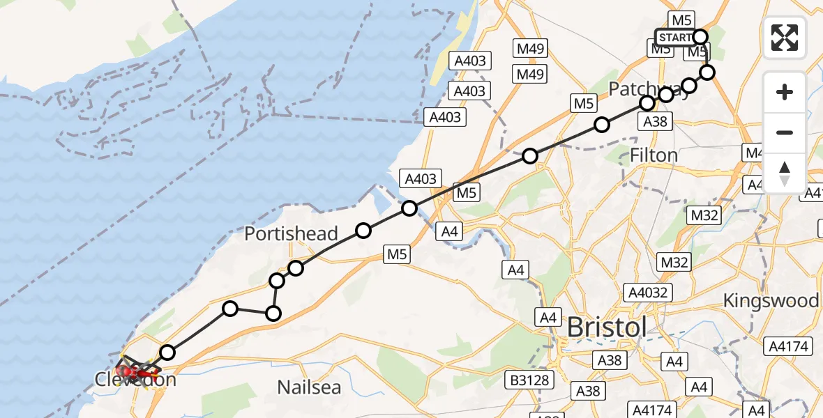Flight path map showing Air Ambulance Helicopter route from Almondsbury Helicopter Base to Clevedon