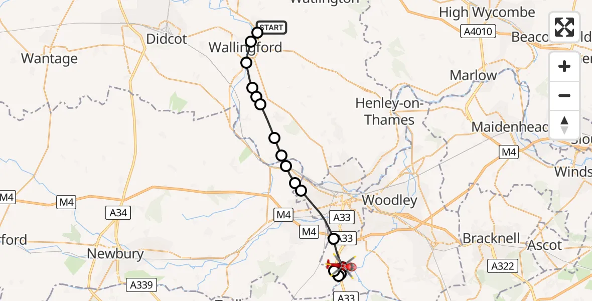 Flight path map showing Air Ambulance Helicopter route from RAF Benson to Spencers Wood