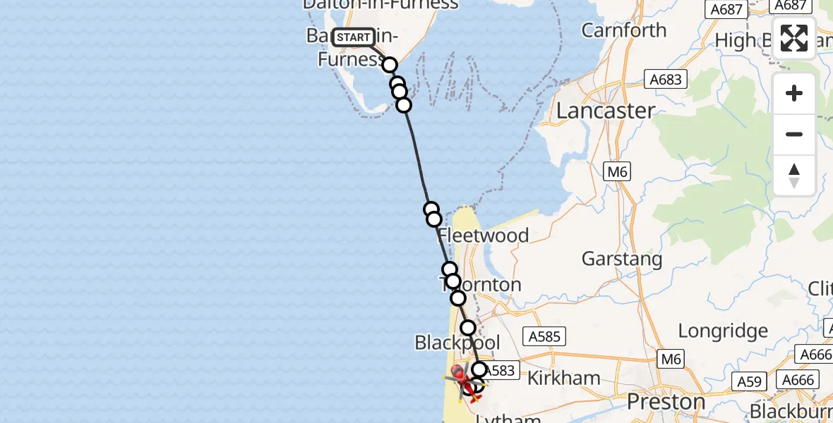 Flight path map showing Air Ambulance Helicopter route from Barrow-in-Furness to Blackpool Airport