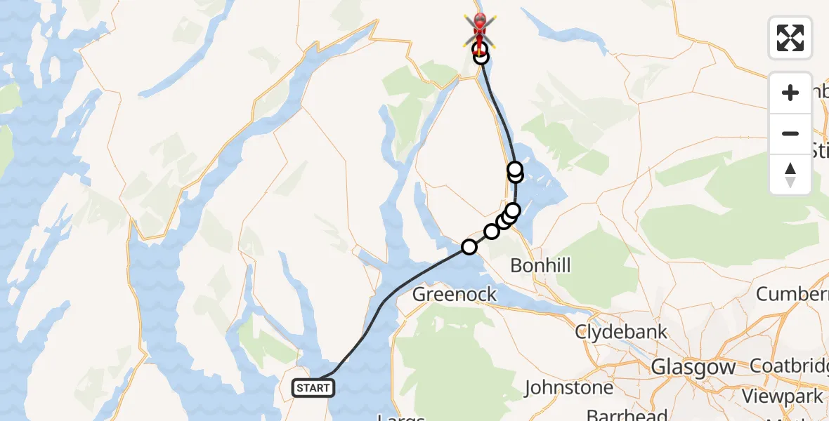 Flight path map showing Air Ambulance Helicopter route from Inner Seas to Loch Lomond