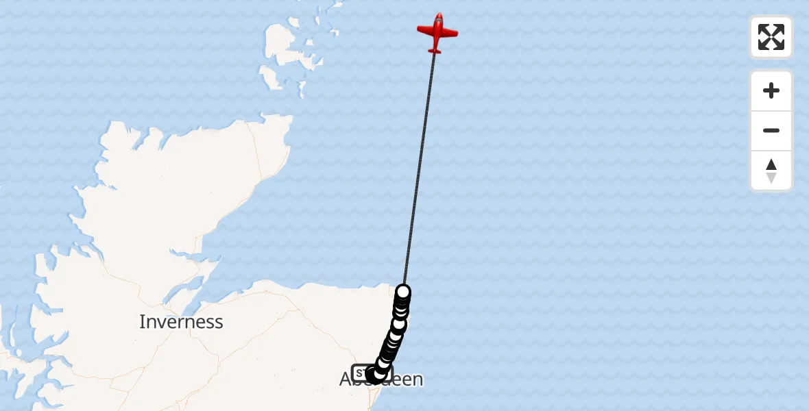 Flight path map showing Air Ambulance Aircraft route from Aberdeen International Airport to North Sea