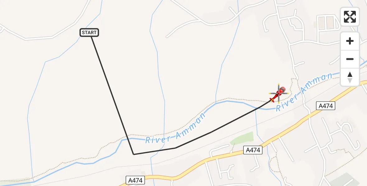 Flight path map showing Air Ambulance Helicopter route from Glanamman to Glanamman