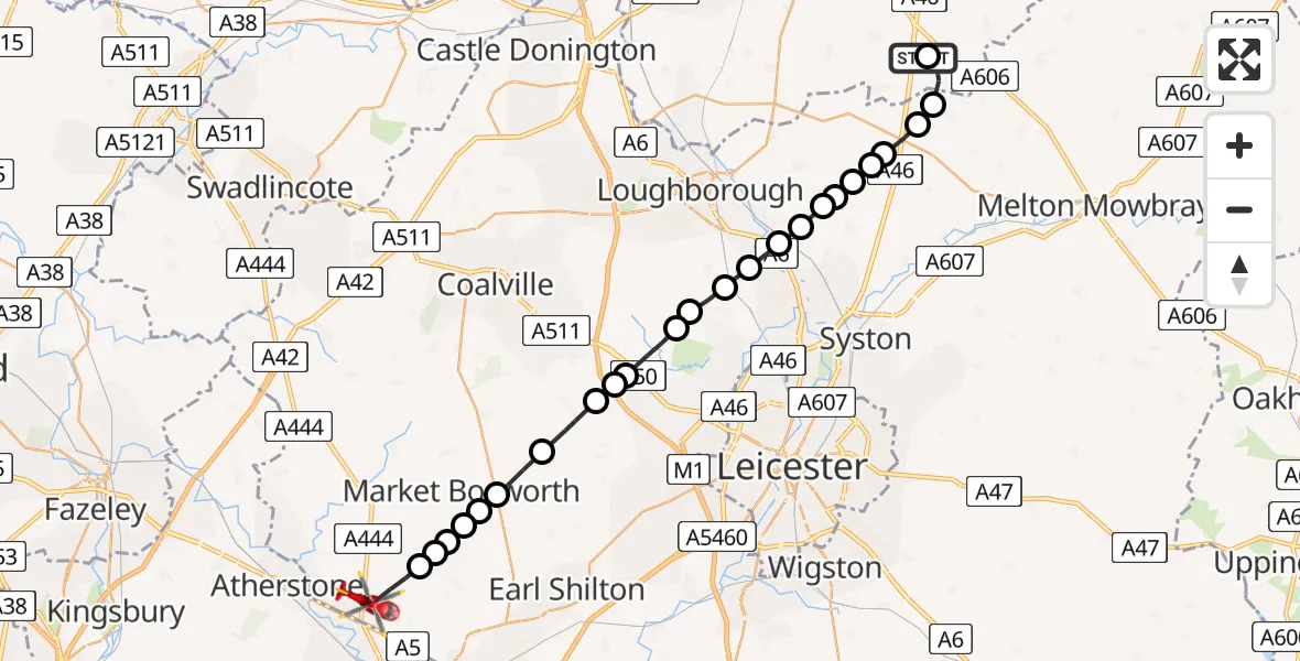 Flight path map showing Air Ambulance Helicopter route from Nottingham Heliport to Fenny Drayton