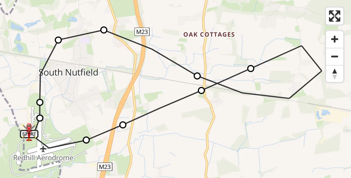 Flight path map showing Air Ambulance Helicopter route from Redhill Aerodrome to Redhill Aerodrome
