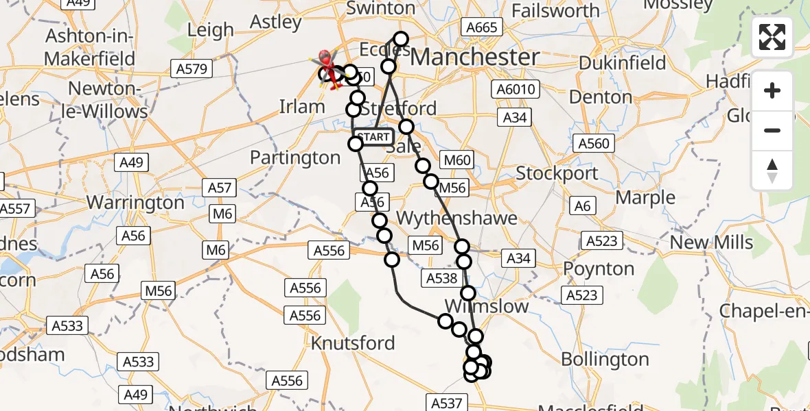 Flight path map showing Air Ambulance Helicopter route from Urmston to Manchester Barton Aerodrome