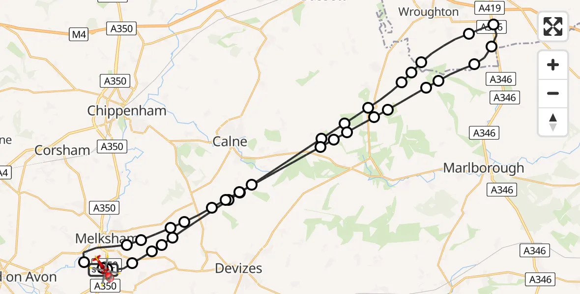 Flight path map showing Air Ambulance Helicopter route from Wiltshire Air Ambulance to Melksham
