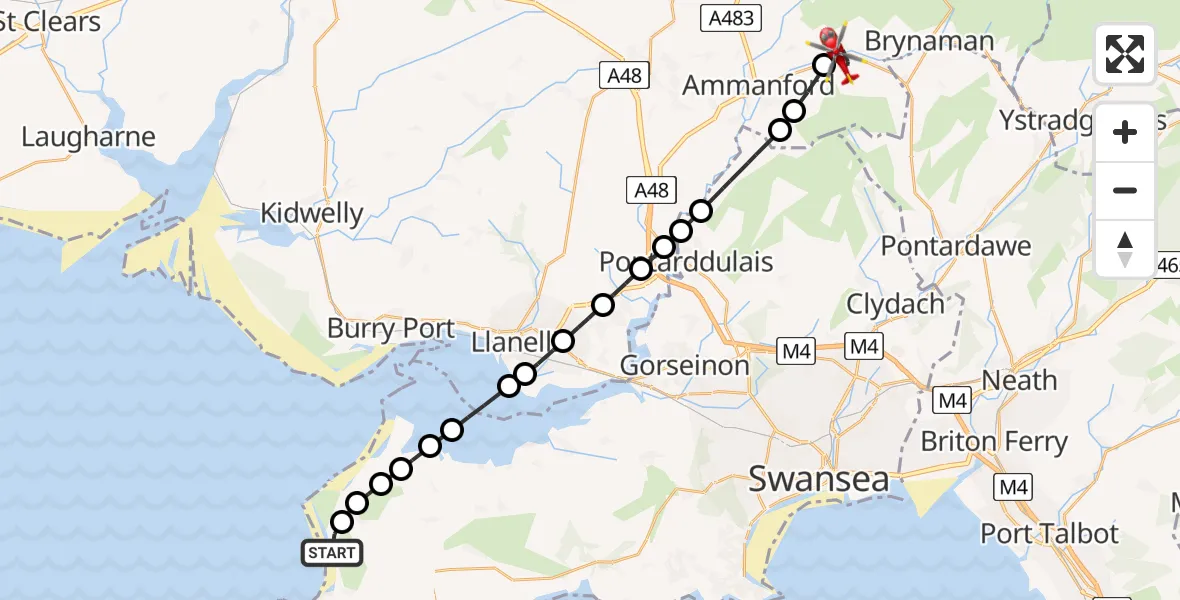 Flight path map showing Air Ambulance Helicopter route from Llangennith to Glanamman