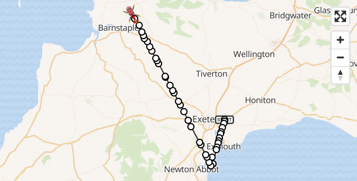Flight path map showing Air Ambulance Helicopter route from East Devon to North Devon