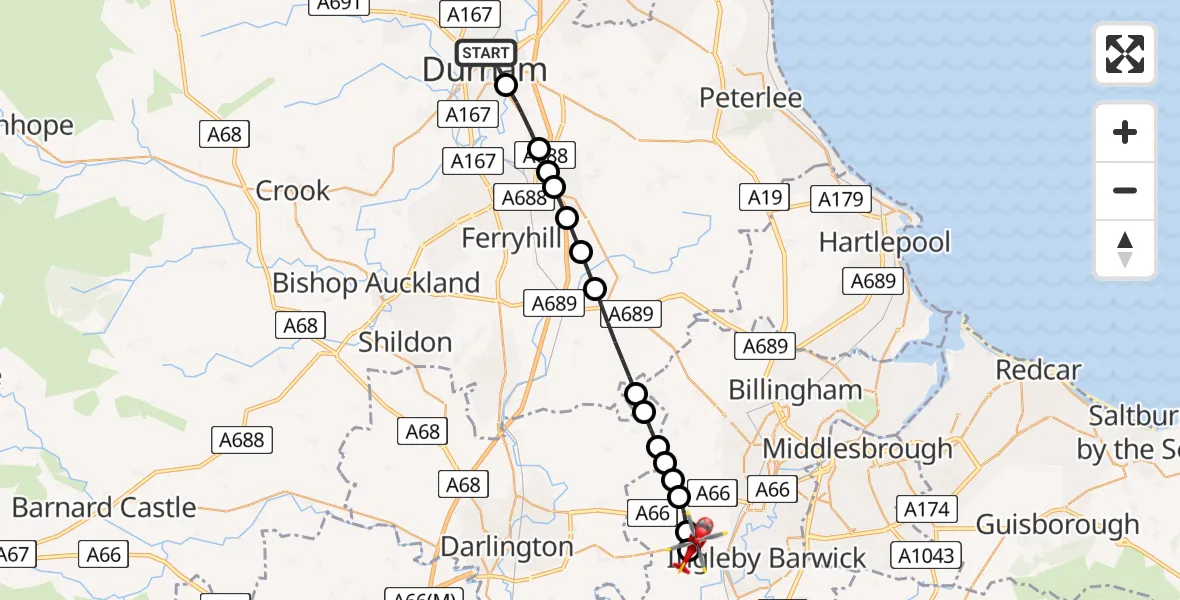 Flight path map showing Air Ambulance Helicopter route from Durham to Egglescliffe