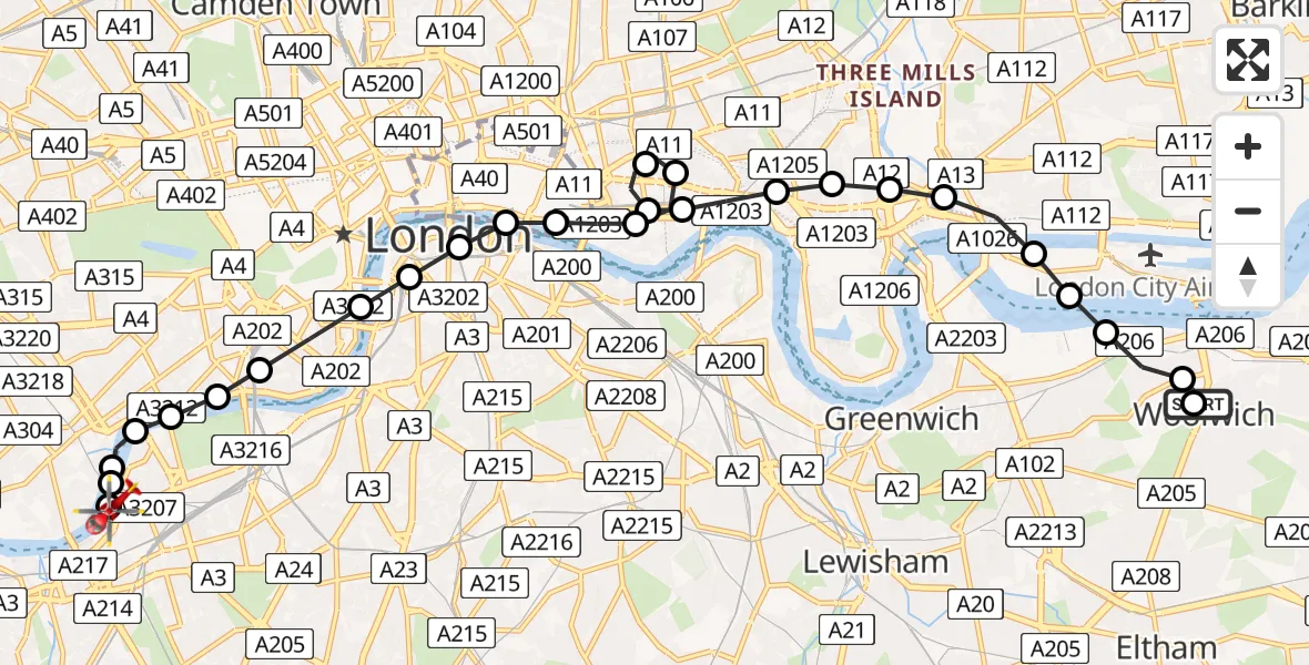 Flight path map showing Air Ambulance Helicopter route from Greenwich to London Heliport