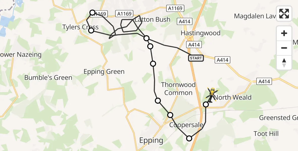Flight path map showing Police Helicopter route from North Weald Bassett to North Weald Airfield
