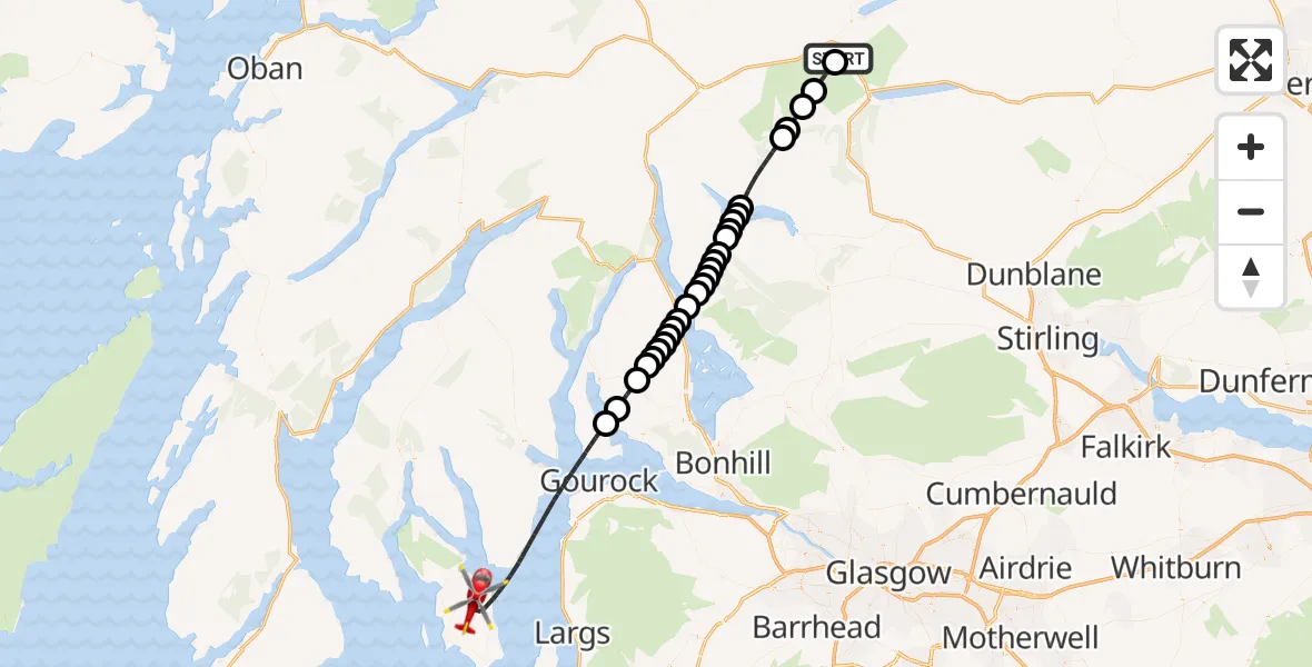 Flight path map showing Air Ambulance Helicopter route from Mid Lix to Inner Seas