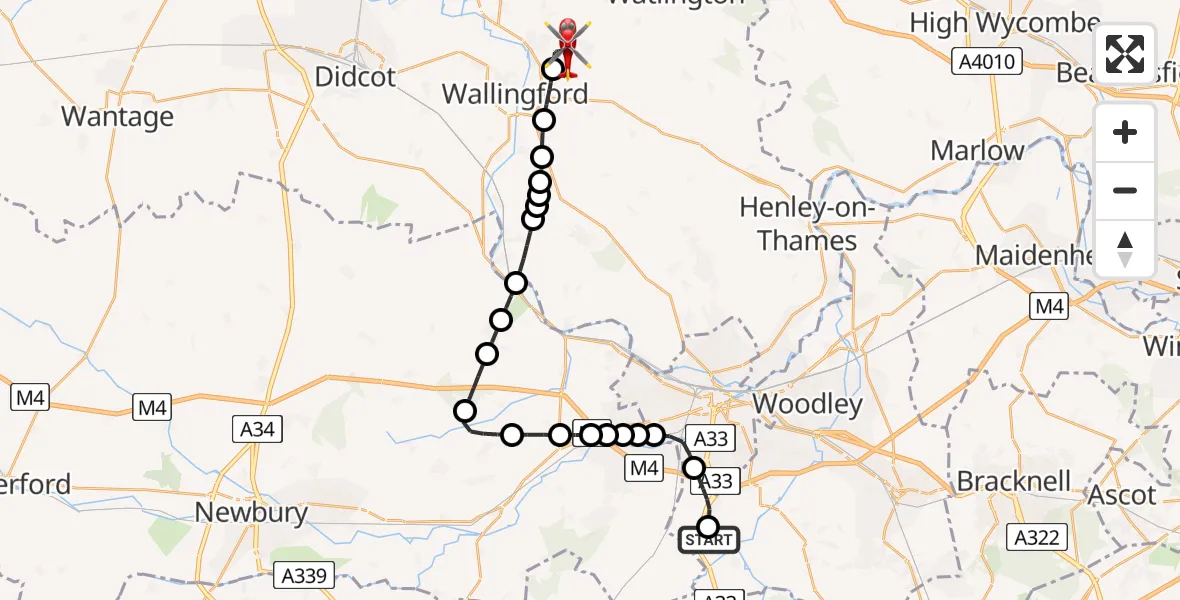 Flight path map showing Air Ambulance Helicopter route from Spencers Wood to RAF Benson