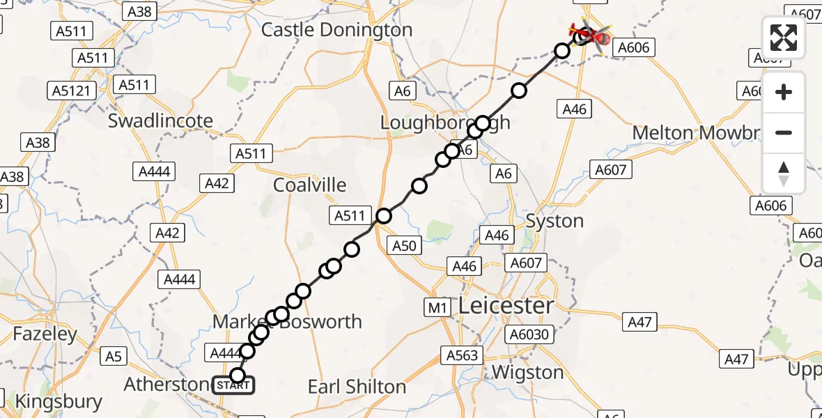 Flight path map showing Air Ambulance Helicopter route from Fenny Drayton to Nottingham Heliport