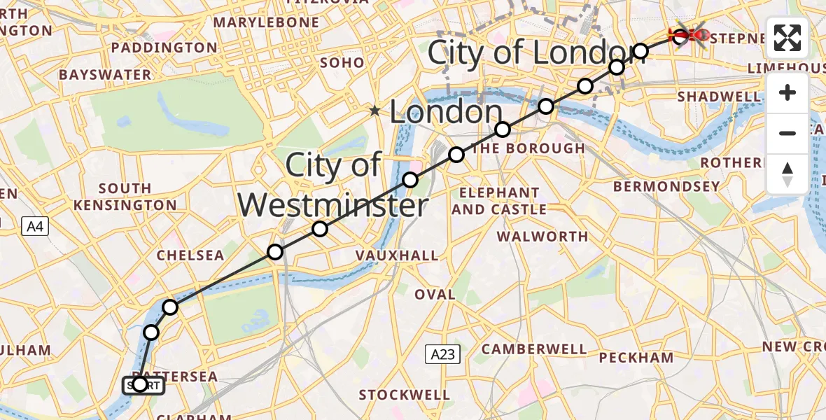 Flight path map showing Air Ambulance Helicopter route from London Heliport to Royal London Hospital