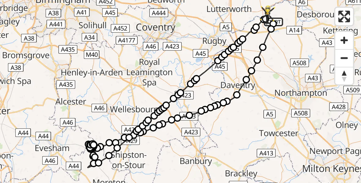 Flight path map showing Police Helicopter route from Sibbertoft to Husbands Bosworth Airfield