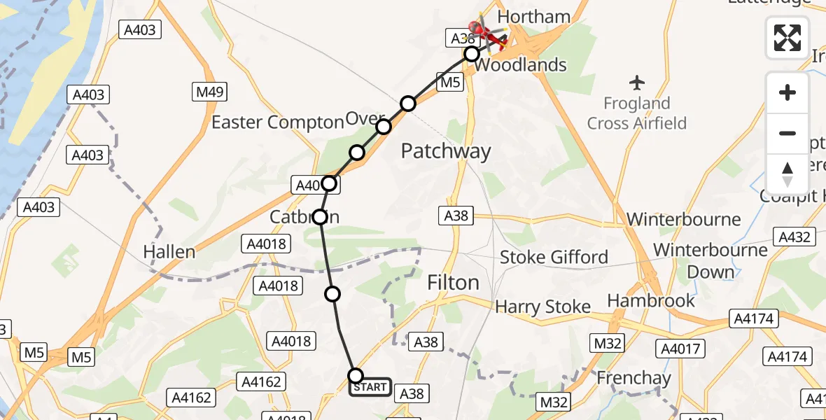 Flight path map showing Air Ambulance Helicopter route from Southmead Hospital to Almondsbury Helicopter Base