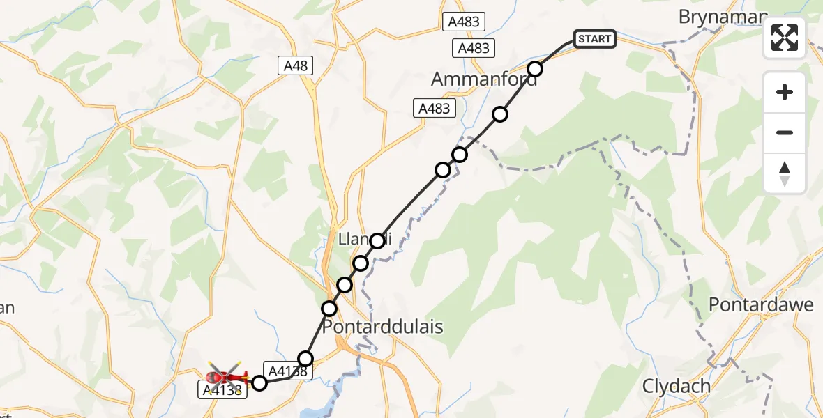 Flight path map showing Air Ambulance Helicopter route from Glanamman to Dafen