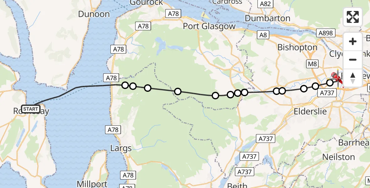Flight path map showing Air Ambulance Helicopter route from Inner Seas to Glasgow Airport