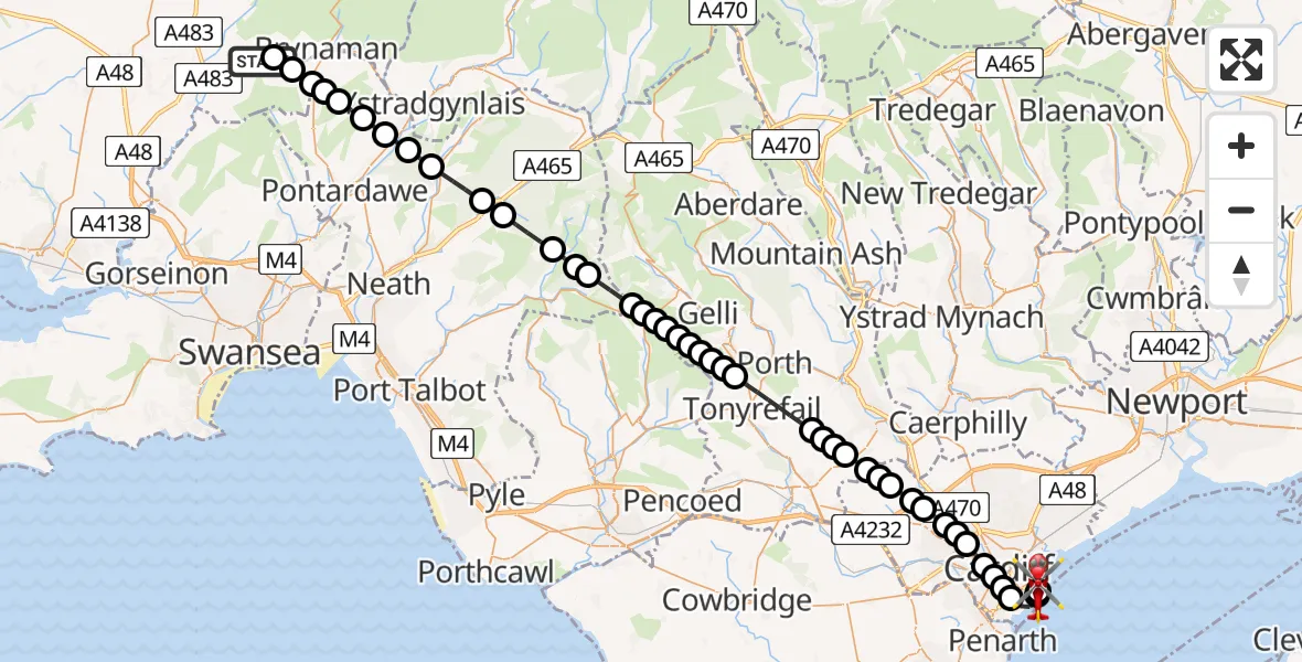 Flight path map showing Air Ambulance Helicopter route from Glanamman to Cardiff Heliport