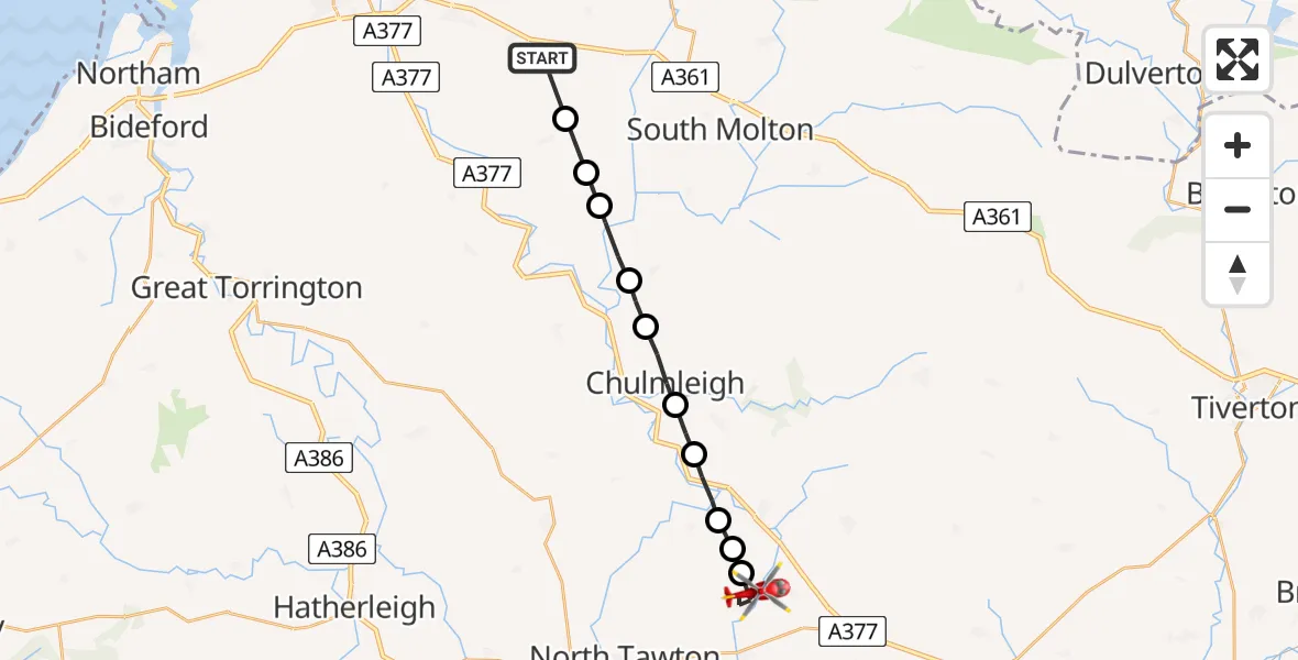 Flight path map showing Air Ambulance Helicopter route from Filleigh to Zeal Monachorum
