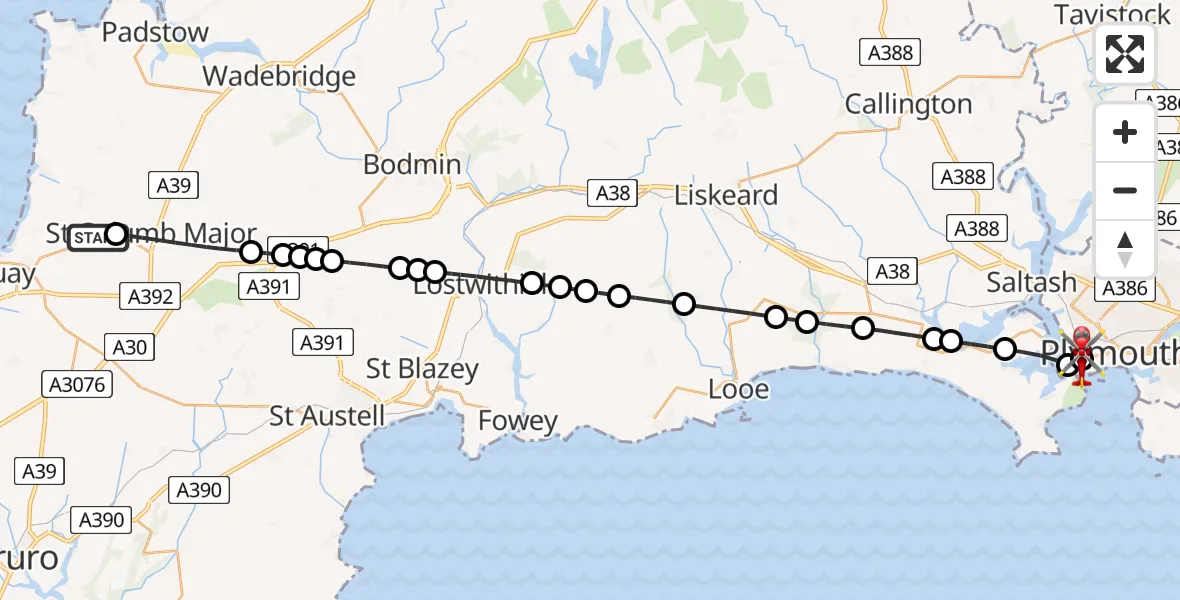 Flight path map showing Air Ambulance Helicopter route from Cornwall Airport Newquay to Devonport