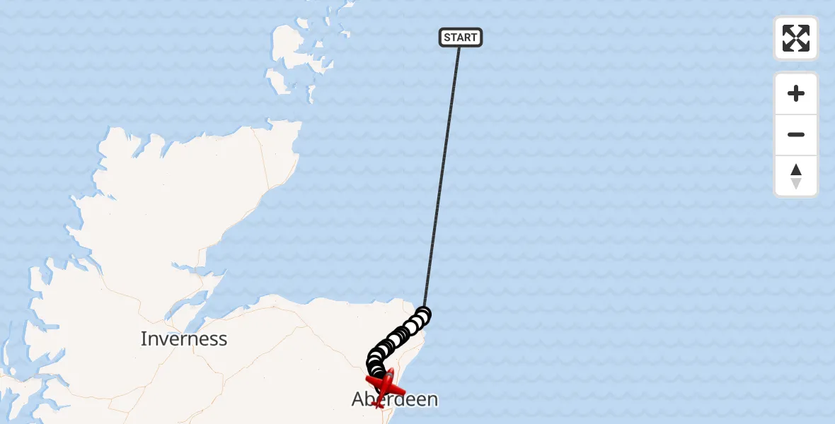 Flight path map showing Air Ambulance Aircraft route from North Sea to Aberdeen International Airport