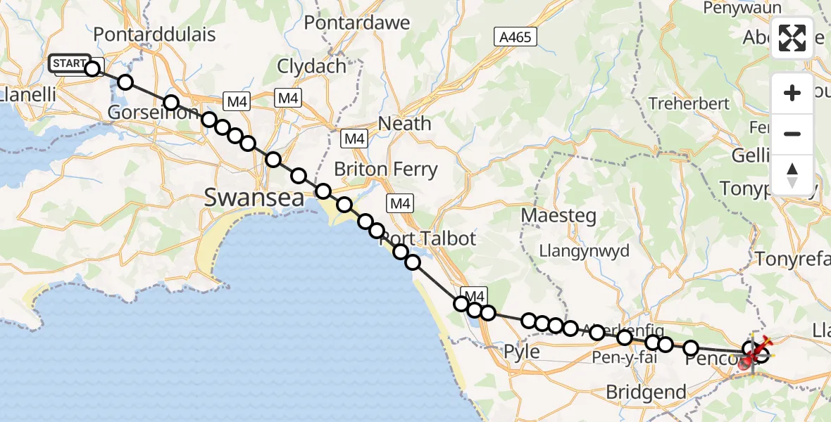 Flight path map showing Air Ambulance Helicopter route from Dafen to Brynna