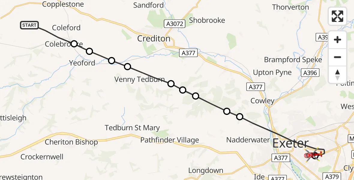 Flight path map showing Air Ambulance Helicopter route from Coleford to Royal Devon & Exeter Hospital