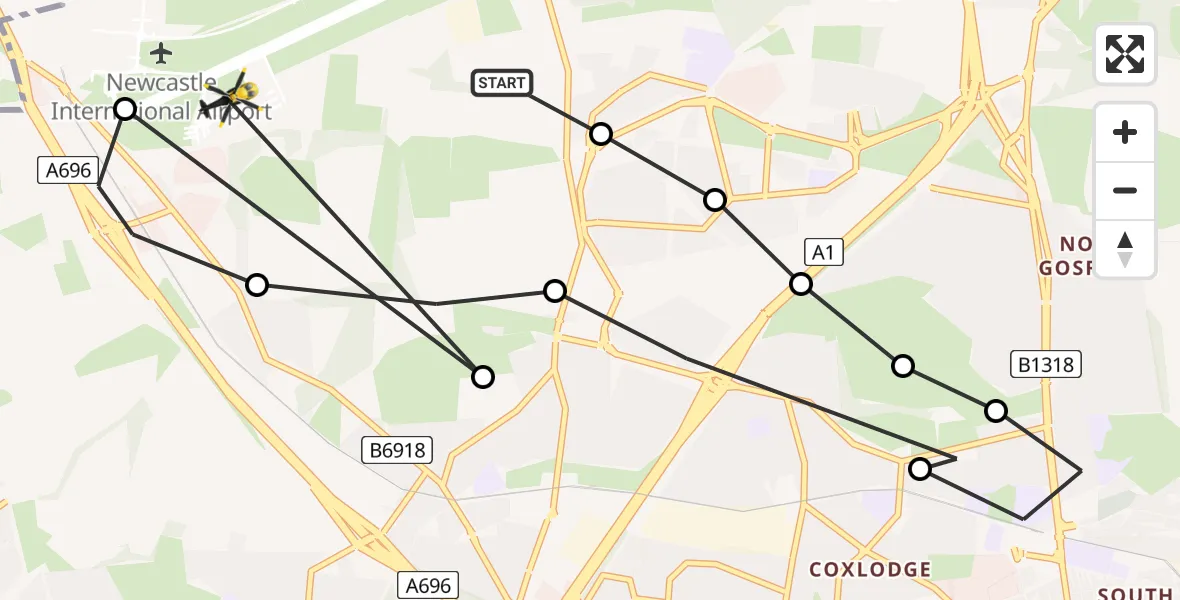 Flight path map showing Police Helicopter route from Woolsington to Newcastle International Airport